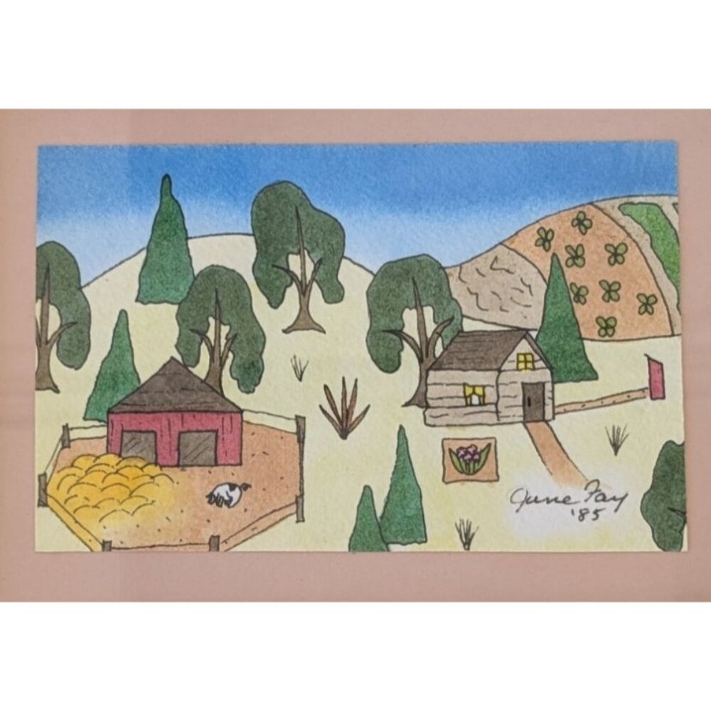 Art Framed Folk Art Watercolor of Farm Scene Signed by June Fay Vintage